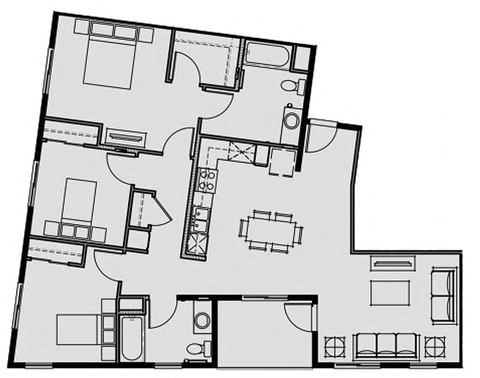 Floor plan for 3 beds, 2 baths, 1291 sqft